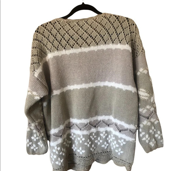 Vintage 90s tan cream Floral Fall Holiday Embroidered Knit sweater Gold poms - Picture 2 of 8